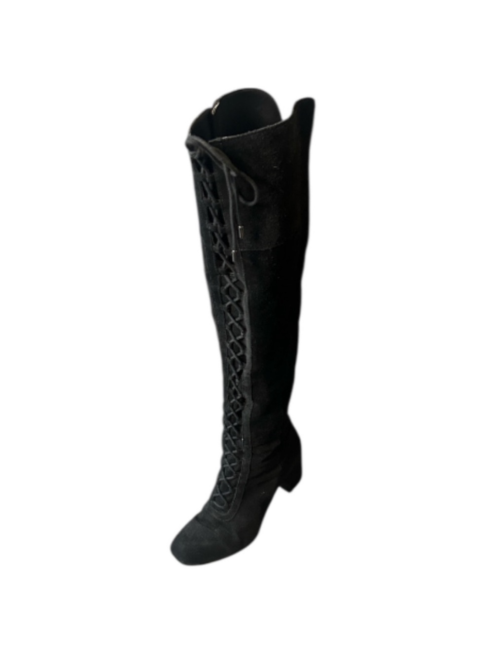 Franco Sarto Black Suede Over-the-Knee Lace-Up Block Heel Boot
